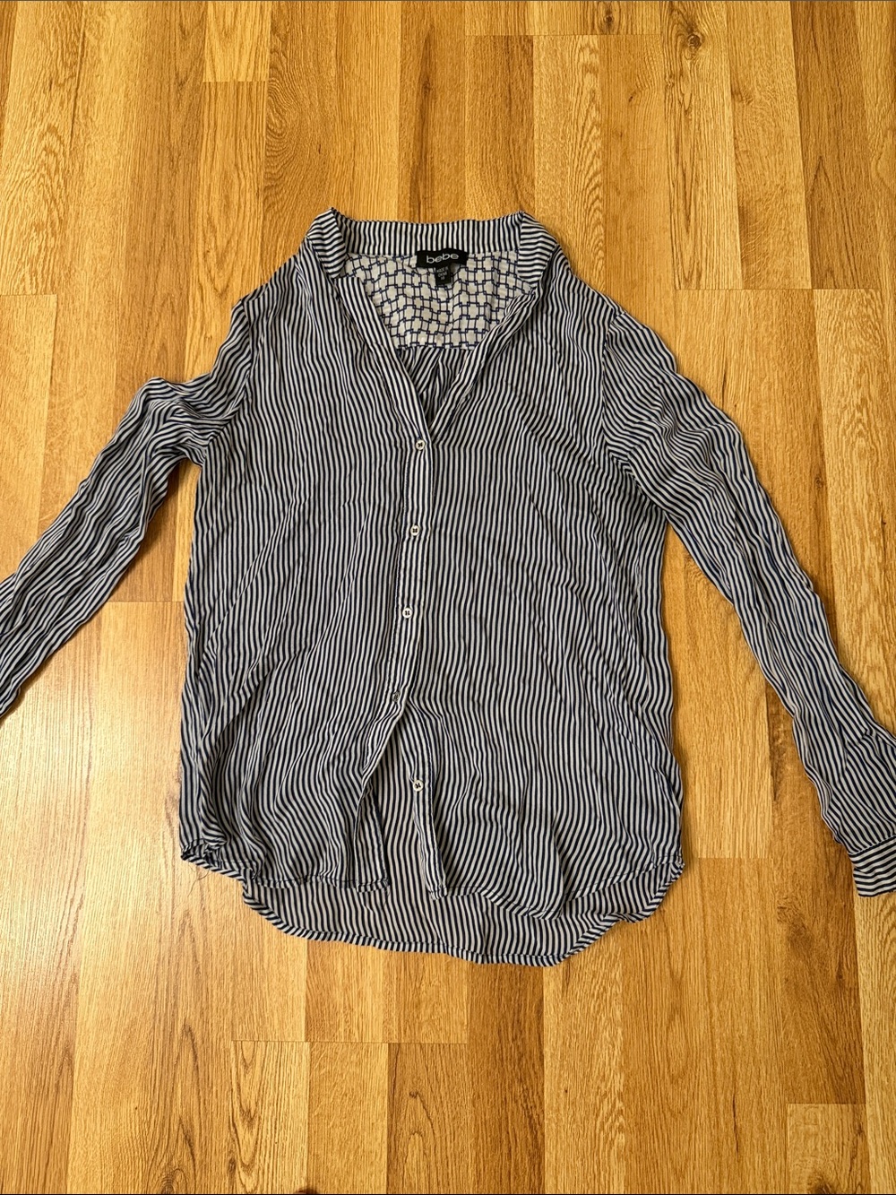 bebe Black and White Striped Long-Sleeve Button-Down Shirt